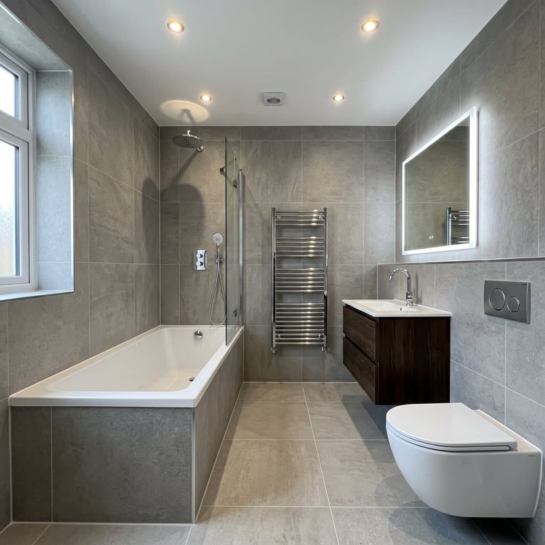 Modern bathroom with gray tile walls, white bathtub, dark vanity, heated towel rack, and wall-mounted toilet
