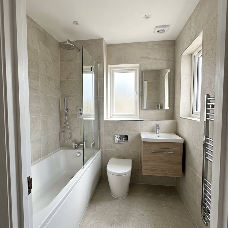 Modern bathroom with beige tile walls, white toilet, wood vanity with sink, bathtub with glass shower enclosure, and windows