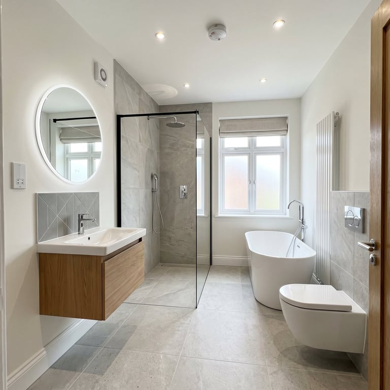 Modern bathroom with wooden vanity, round mirror, walk-in shower, freestanding tub, bidet, and light fixtures