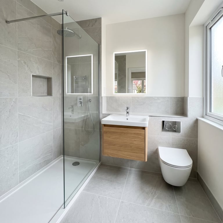 Modern bathroom with glass walk-in shower, wooden vanity, dual mirrors, white toilet, and gray tile flooring throughout