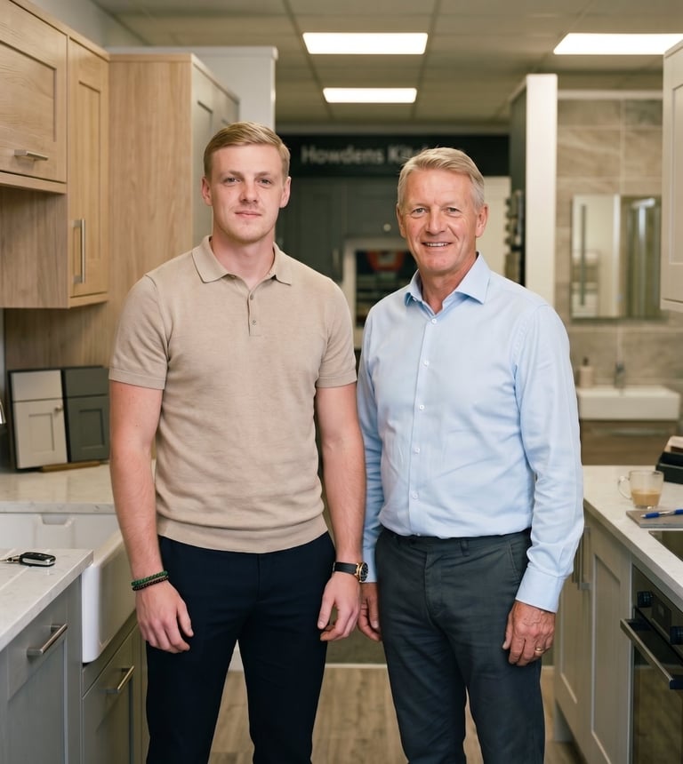 Two men standing in a modern kitchen showroom, one wearing a beige polo shirt and the other in a light blue dress shirt