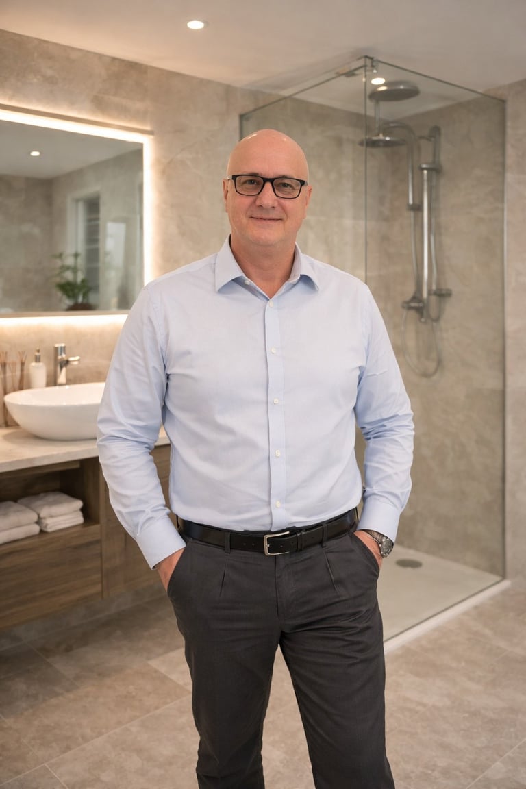 Bald man wearing glasses and light blue shirt standing in modern bathroom with glass shower enclosure